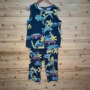 Bonnie Boynton Vintage 2 Piece Set Women Medium Hawaiian Classic Car‎ Print Navy